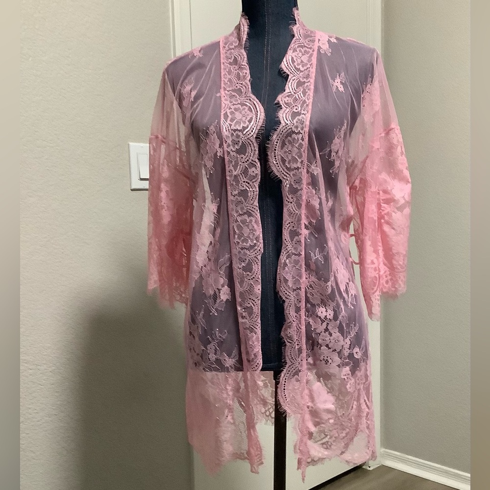 Avidlove Pink Sheer Lace Robe Cover-Up Kimono Lingerie Floral Women's Size Small